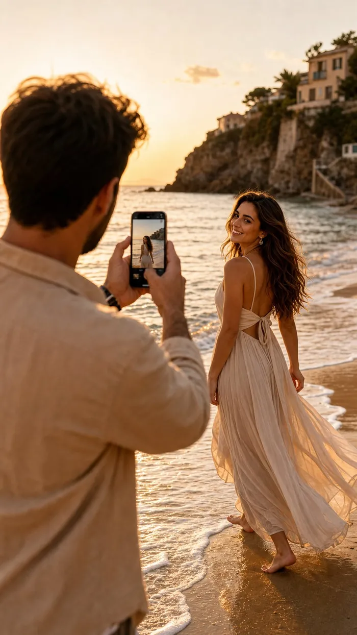 Caminhada na praia ao entardecer
